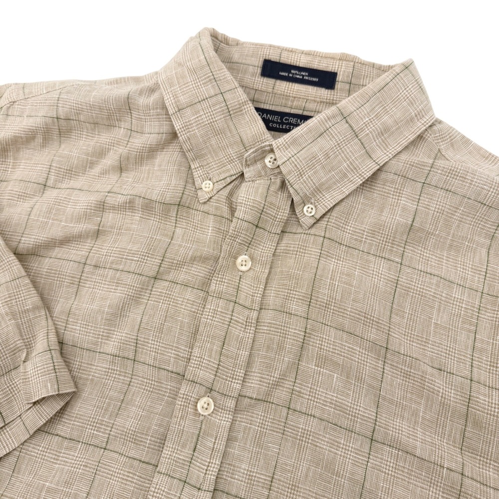 Daniel Cremieux Shirt Mens Large Tan Green Plaid 100% Linen Italian Fabric